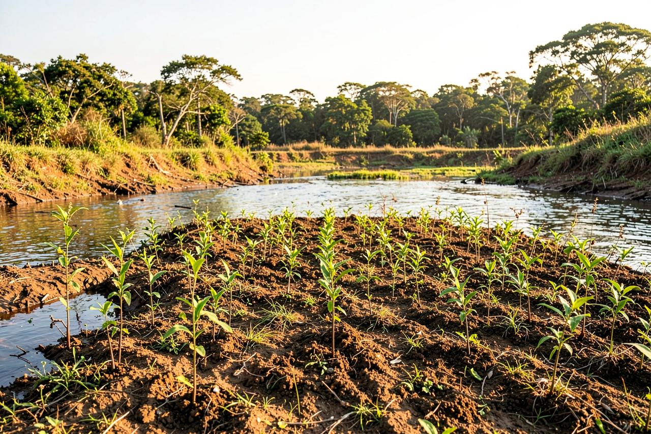 Mudas nativas plantadas em linhas na margem de um rio em recuperação