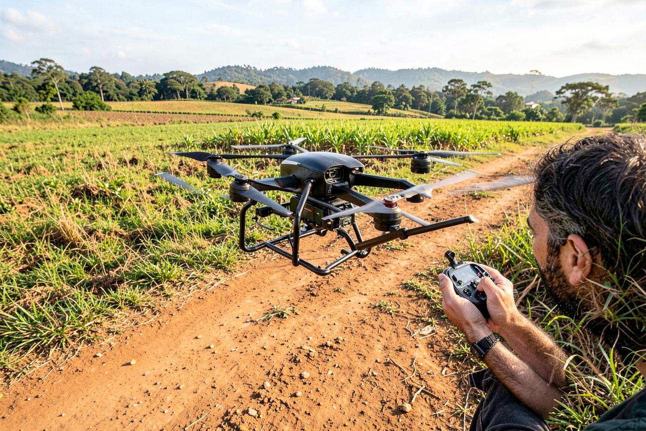 Drone profissional decolando de estrada de terra ao lado de lavoura