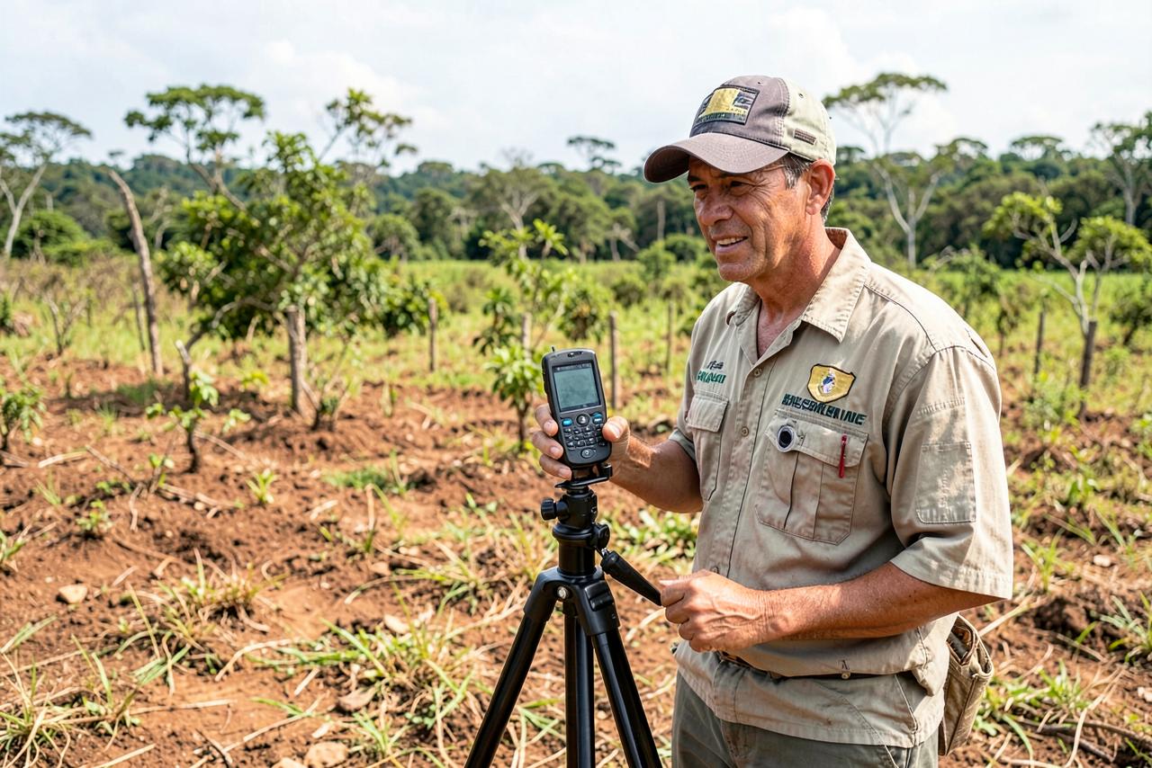 Técnico da equipe operando receptor GPS em tripé durante vistoria de campo